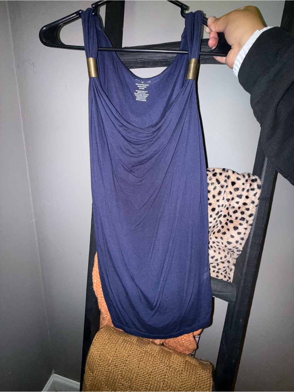 Focus 2000 Navy Blue Draped Tank Top with Gold Accents